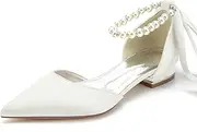 [Pahelyin] Women's Pointed Toe Pumps Pearl Satin Wedding Shoes for Bride Flats Ankle Strap Bridal Shoes Formal Prom Party Dress Pumps Sandals