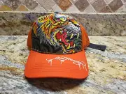 Ed Hardy Trucker Hat Men's Roar Tiger Orange Mesh Snapback One Size Cap Stitched