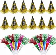 12 Pieces Happy New Year Cone Hats and 12 Pieces Happy New Year Fringed Noisemak