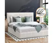 Oikiture Bed Frame Double Size Gas Lift Storage Bed Platform Boucle White