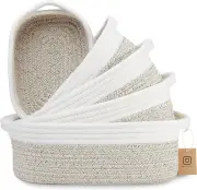 5pcs Rectangle Storage Basket Set- Natural Cotton Cord Woven Baskets- Organizing