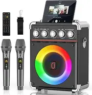 Karaoke Machine with 2 Microphones: HWWR Portable Karaoke Machine for Adults Kids, Party Bluetooth Speaker with Bass/Treble Adjustment, PA System with Remote Control/LED Lights, Support TV/USB/AUX