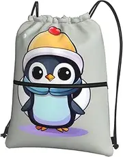 EdWal Cute Penguin Print Print Drawstring Backpack Gym Bags Sports Bags With Zipper Pocket For Travel Beach, Black, One Size
