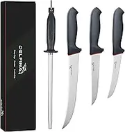 4 PCS Butcher Knife Set for Meat Cutting, 10" Breaking Knife, 6.5" Wide Meat Trimming Knife, 6" Semi-Flex Boning Knife and Sharpening Steel, Non-Slip Softgrip and High Carbon German Steel