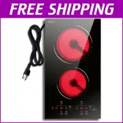 110V 2 Burner Electric Cooktop - Portable Ceramic Glass Stove Top with Timer