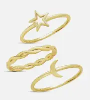 STERLING SILVER GOLD CELESTIAL STACKING RING SET OF 3