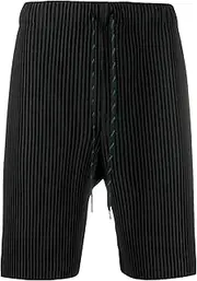 [JEShifangjiusu] Men's Loose-Fitting Striped Wrinkle Shorts Drawstring Straight Casual Short Street Fashion 7 inch Short Pants, Black, 1