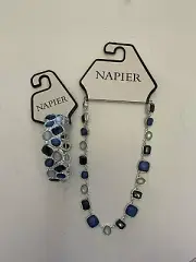 NOS Vintage Set Napier Blue Crystal 19” Necklace & Stretch Bracelet Silver Tone