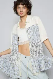 POL Ruffled Hem Floral Button Up Half Sleeve Shirt Style