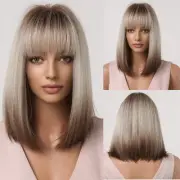 Brown Blonde Ombre Bob Wigs for Women Cosplay Wig with Bangs Dark