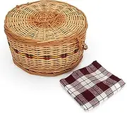 Handwoven Bamboo Cane Mexican Tortilla Warmer Basket Indian Chapati Roti Bread Holder Box Pancake Keeper Serverware Dish With Lid & Cotton Towel, Home Kitchen Dining Decor Rustic Brown 9 x 5.75 Inches