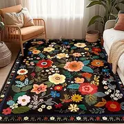 RELEANY Floral 5x7 Area Rug Machine Washable Soft Print Boho Carpet Non Slip Doormat Low Pile Flower Area Rugs for Living Room Bedroom Nursery Kitchen Dining Room Indoor-Black