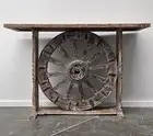Reclaimed Timber Cart Wagon Wheel Whitewash Console Country Hall Table