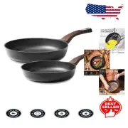 Versatile Induction-Compatible Nonstick Frying Pans Set with Woodgrain Handle
