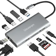 USB C Laptop Docking Station.11 in 1 Type C Hub Multiport Adapter Dongle with Dual Monitors. HDMI.VGA.PD. Ethernet.SD/TF.USB C/A Ports.Mic/Audio.