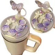 Cute Christian Butterfly Flower Charm For Stanley Cup Accessories 40/30 Oz Tumbler With Silicone Straw Cover Cap and Lid Plate For Women (Purple, 40 Oz)