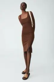 COTTON ON Brown Knit Midi Dress Side Split Square Neck SIZE L BNWT NEW