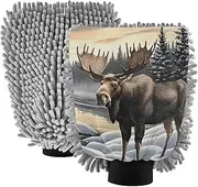 XYMZR Landscape Moose Winter Absorbent Microfiber Car Wash Mitt, Funny Cute Anime Scratch Free for Cars Cleaning, Home Cleaning Mitts, 2 Pack, 10.24” L x 7.09” W