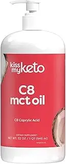 Kiss My Keto C8 Brain Fuel MCT Oil 100% Pure Caprylic Acid For The Ketogenic Lifestyle - 32 oz Glass Bottle With Pump - Enhance Performance And Get Into Ketosis Quickly