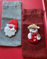 Lot Of 2 Christmas Drawstring Burlap Wine Bottle Bags Wine Bottle Gift Reusable