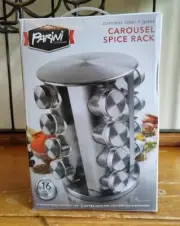 Parini Stainless Steel Spinning Carousel Spice Rack w/16 Glass Spice Jars - NIB!