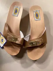 Dr Scholls Womens Sandal Size 7 Beige Advance Comfort Slide Faux Wood Flip Flop