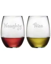 Susquehanna Glass Naughty & Nice Set of Two 21oz Stemless Wine Glasses