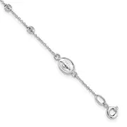 6 Inch 14K White Gold D/C Cross And Miraculous Medal .75In Ext. Bracelet