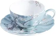 ufengke 8oz Blue Fine Bone China Coffee Cup with Saucer,Colored Flowers,White Crane Porcelain Tea Cup and Saucer