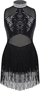 [Aislor] Kids Girls Mesh Splice Rhinestone Sleeveless Tassel Dress Samba Jazz Tap Modern Latin Salsa Ballroom Dancewear