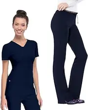 [HeartSoul] Women's Pitter-Pat Shaped V-Neck Scrub Top 20710 & Heartbreaker Heart Soul Drawstring Scrub Pants 20110 Medical Scrub Set (Navy - Small/Medium)