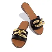 Catzon Womens Flat Heels Open Toe Backless Slippers Metallic Chains Summer Sandals-Black