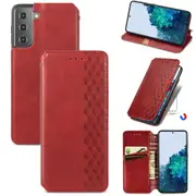 For Samsung Galaxy S21 Case, Cubic Grid Folio Magnetic PU Leather Cover Wallet, Kickstand, Red