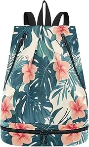 Yoogain Tropical Style Green Leaves Red Flower Drawstring bag for men beach drawstring backpack with Wet Dry Compartments, Tropical Style Green Leaves Red Flower, 1 size
