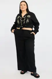 Black Linen Blend Drawstring Waist Wide Leg Pants