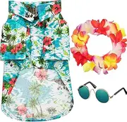3 Pieces Pet Dog Hawaiian Costume, Includes Puppy Cool T-Shirts Summer Clothes, Funny Cute Dog Retro Fashion Sunglasses and a Colorful Wreath for Small to Medium pet(Green Series)