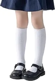 [Marchare] Girls Knee High Socks Kids Boys School Uniform Seamless Cable Knit Cotton Socks Stockings White Black Navy 3/6 Pack