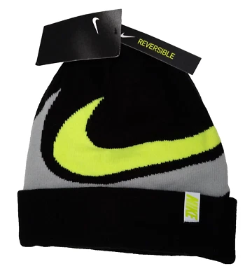 NIKE UNISEX REVERSIBLE YOUTH SIZE KNIT BEANIE Black/ Green /GREY