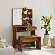 Dressing Table Set with Vanity Mirror & Stool, Smoked Oak Finish, 74.5x40x141 cm - Makeup Desk with Ample Storage, Modern Bedroom Furniture with Spacious Drawers, Engineered Wood, Suitable