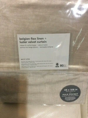 West Elm One Belgian Flax Linen Luster Velvet Curtain 48x108 Natural & Stone NWT