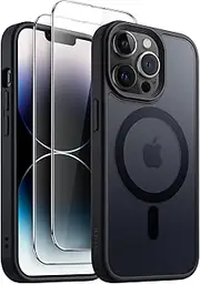 JETech 3 in 1 Magnetic Case for iPhone 14 Pro Max 6.7-Inch with 2 Pack Tempered Glass Screen Protectors, Compatible with MagSafe, Translucent Matte Back Shockproof Phone Cover (Black)