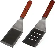 Realand Metal Spatula for Cooking Cast Iron, 2pcs Griddle Spatula Heavy Duty Stainless Steel Spatula Set, Flat Grill Spatula Fish Burger Spatula Turner for Kitchen Use, Strong Wooden Handle