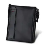 Mens Genuine Leather Bifold Wallet Double Zipper Pocket Wallet Purse- Black