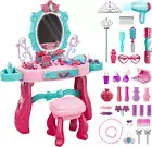 Toddler Vanity Makeup Table Toy with Mirror & Chair,Kids Vanity Playset with Lig