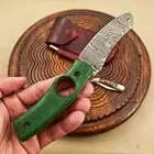 Handmade Damascus Cigar Cutter Knife With Wooden Handle , Damascus Folding Knife