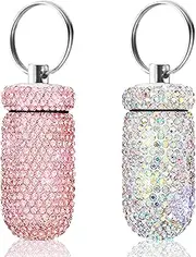 2 Pack Portable Pill Case Bling Rhinestone Pill Container Box Waterproof Medication Holder Organizer Bottle with Keychain for Outdoor Camping Travel Purse Pocket