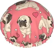 Pug Dog Print Shower Cap For Women Men Reusable Lightweight Soft Bath Hair Cap With Elastic Band