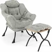 Costway Lazy Chair with Ottoman, Oversized Sherpa Lounge Accent Chair w/Folding Footrest & Side Pocket, Modern Upholstered Leisure Sofa Armchair Reading Chair for Living Room, Bedroom, Office