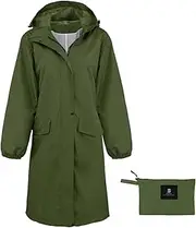 [SaphiRose] Womens Long Hooded Rain Jacket Waterproof Lightweight Raincoat Windbreaker