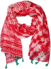 € 36 DESIGUAL SHAWL SCARF TASSELS BATIK SEQUINS LIGHTWEIGHT LARGE BIG RED WHITE